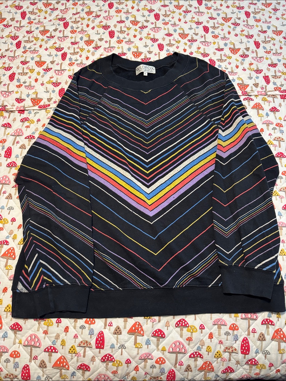 Wildfox Black Crewneck Sweatshirt with Multicolor Chevron Stripes grunge XL